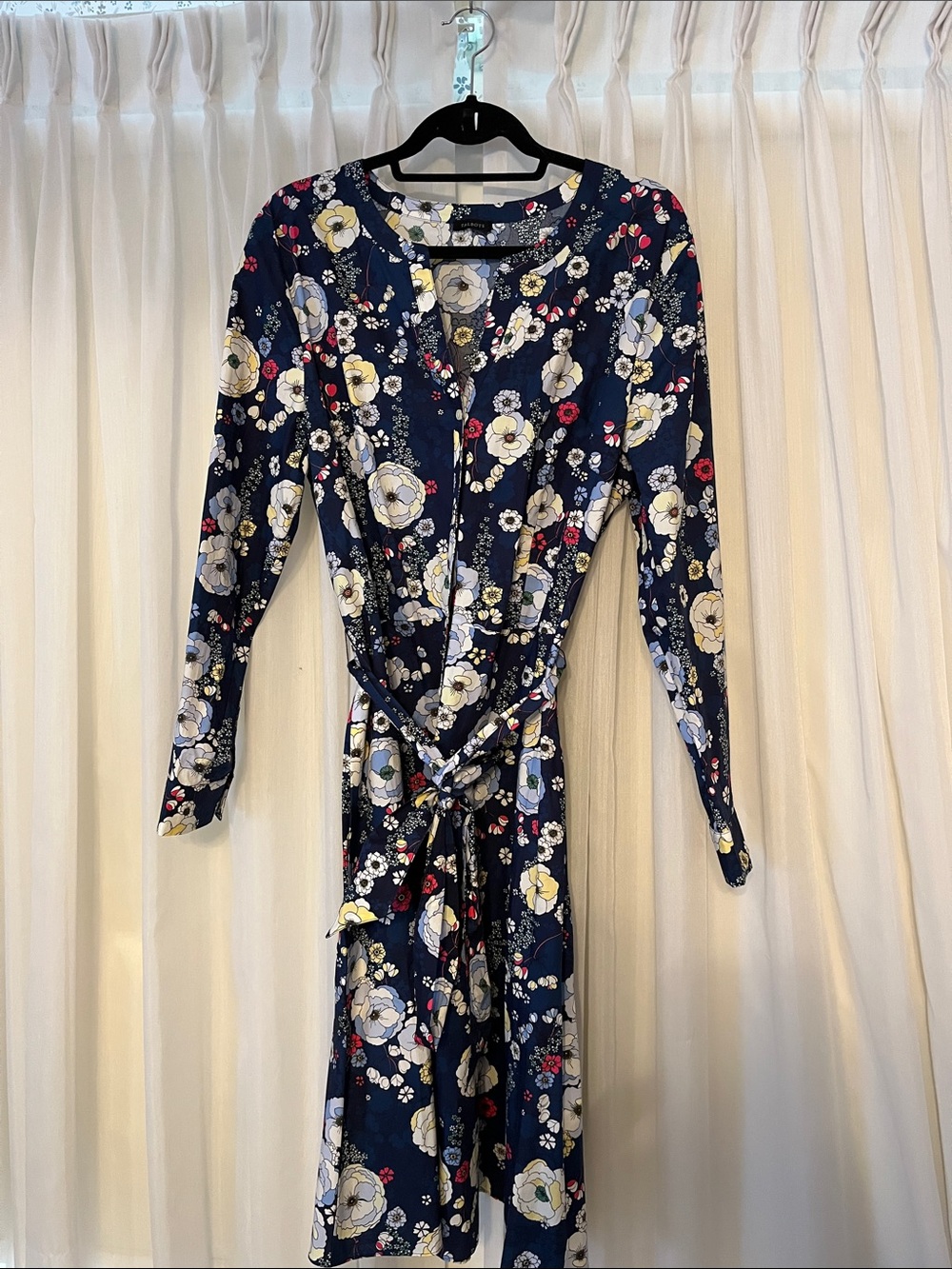 Talbots Navy Floral Long-Sleeve shirt Dress with Tie Waist